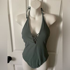 Xhilaration Green One Piece Swimsuit with Halter Neck and Criss-Cross Detail